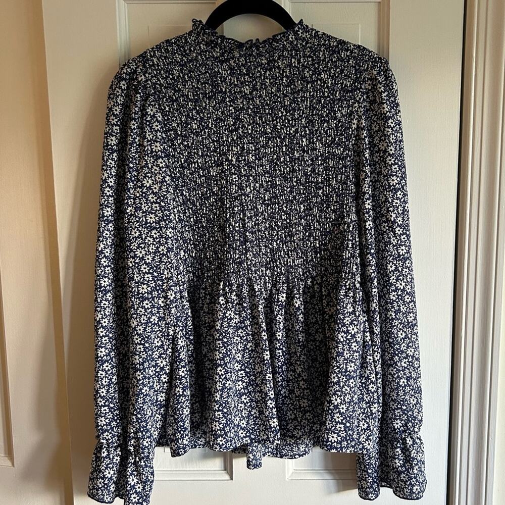 Mi Ami Smocked Mock Neck Blouse Long Sleeve Blue Floral Size Small